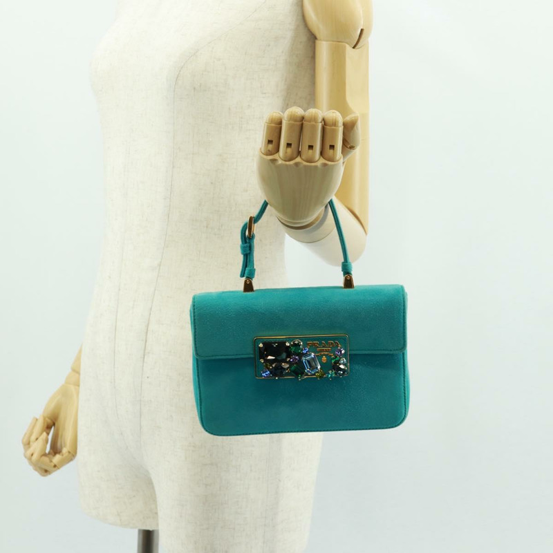 【日本直送】PRADA 手提包 麂皮 綠松石藍 金色 正品 165751SAV-26
