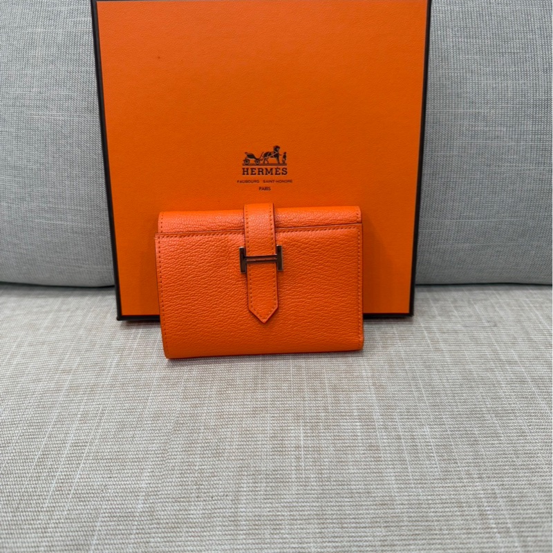 愛馬仕 Hermes Bearn 三折短夾 愛馬仕橙色 W刻銀釦-0