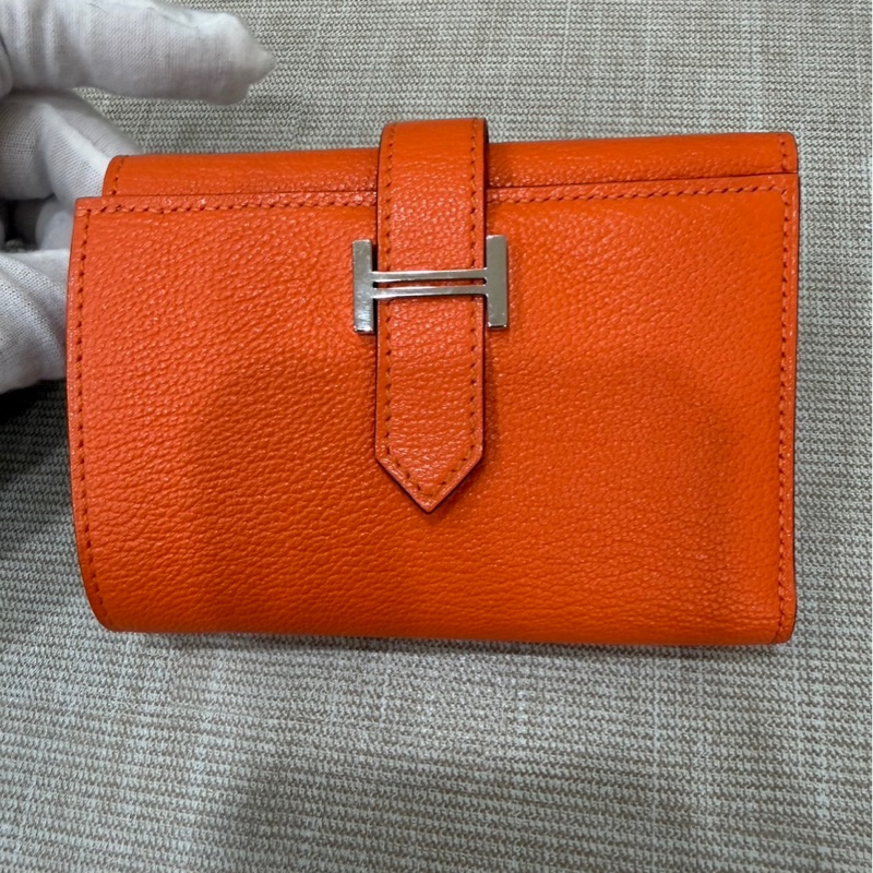 愛馬仕 Hermes Bearn 三折短夾 愛馬仕橙色 W刻銀釦-3