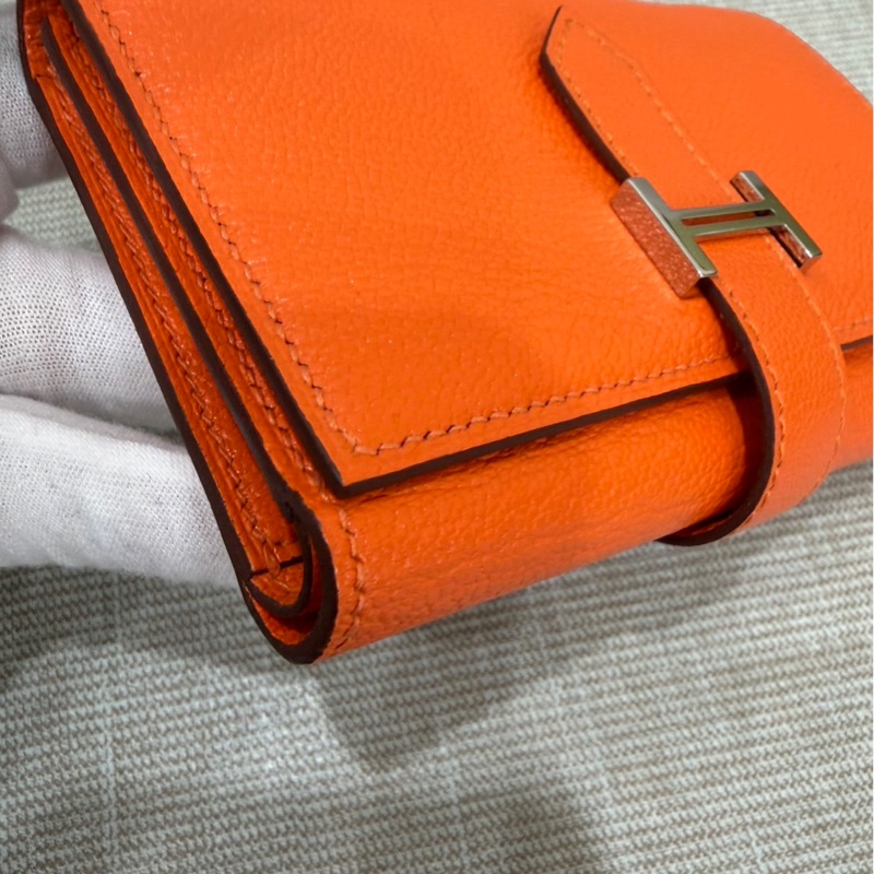 愛馬仕 Hermes Bearn 三折短夾 愛馬仕橙色 W刻銀釦-9
