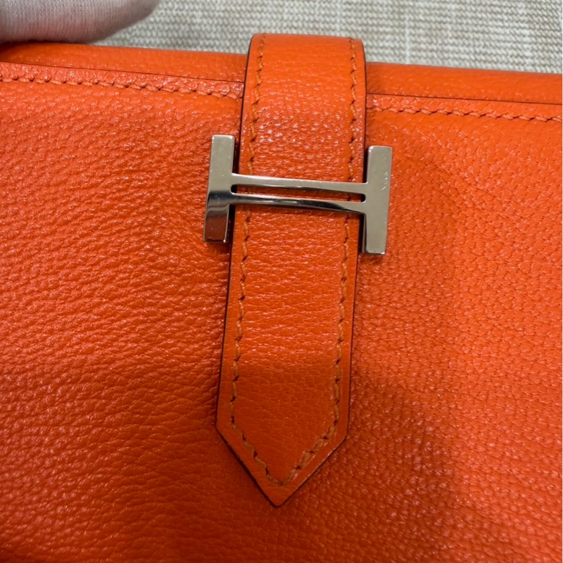 愛馬仕 Hermes Bearn 三折短夾 愛馬仕橙色 W刻銀釦-12