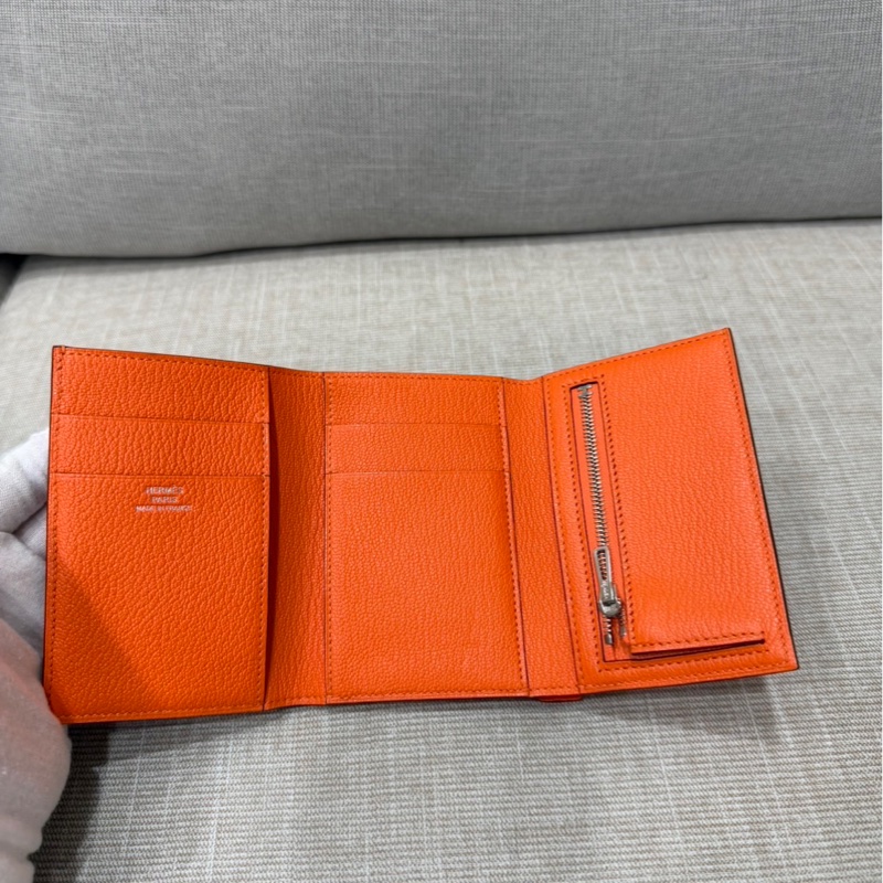 愛馬仕 Hermes Bearn 三折短夾 愛馬仕橙色 W刻銀釦-16