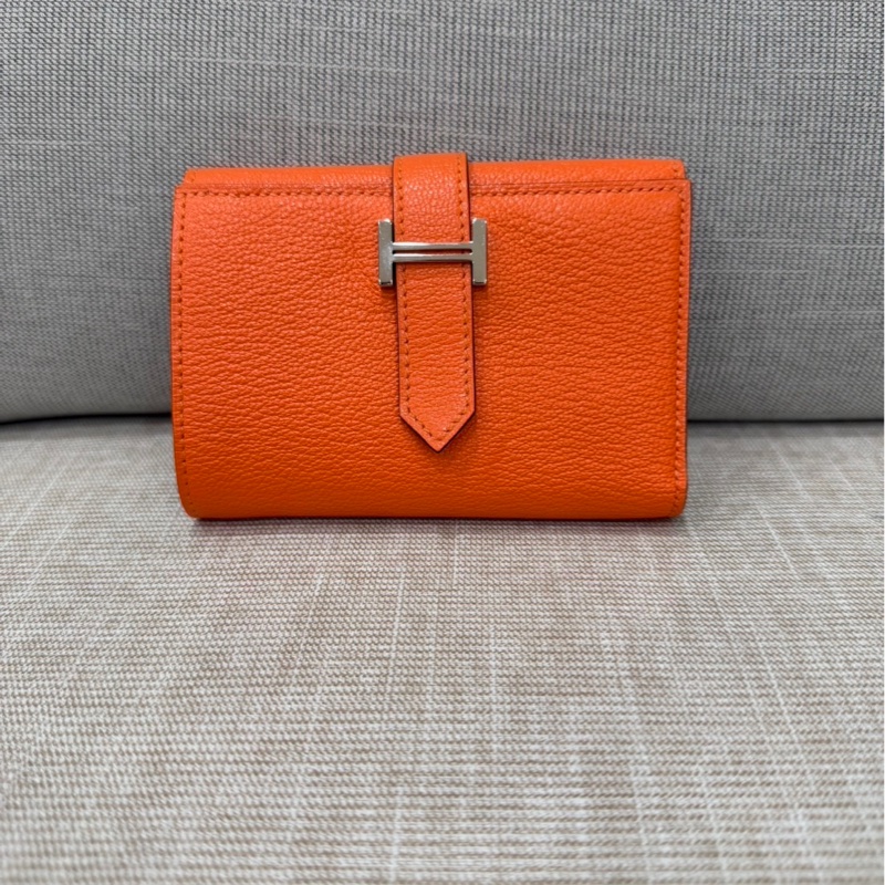 愛馬仕 Hermes Bearn 三折短夾 愛馬仕橙色 W刻銀釦-34