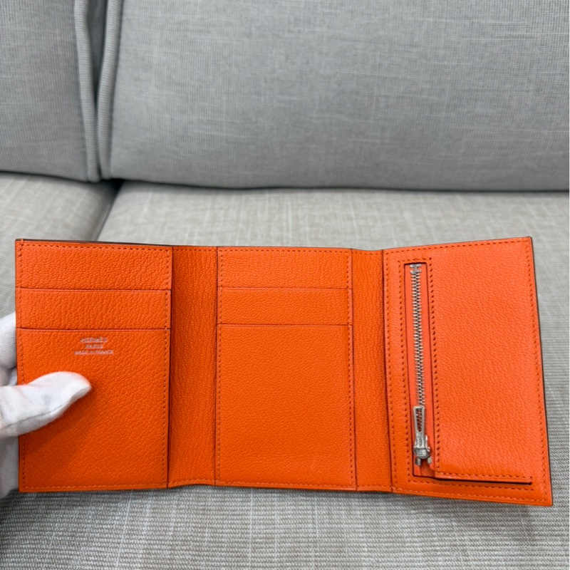 愛馬仕 Hermes Bearn 三折短夾 愛馬仕橙色 W刻銀釦-36
