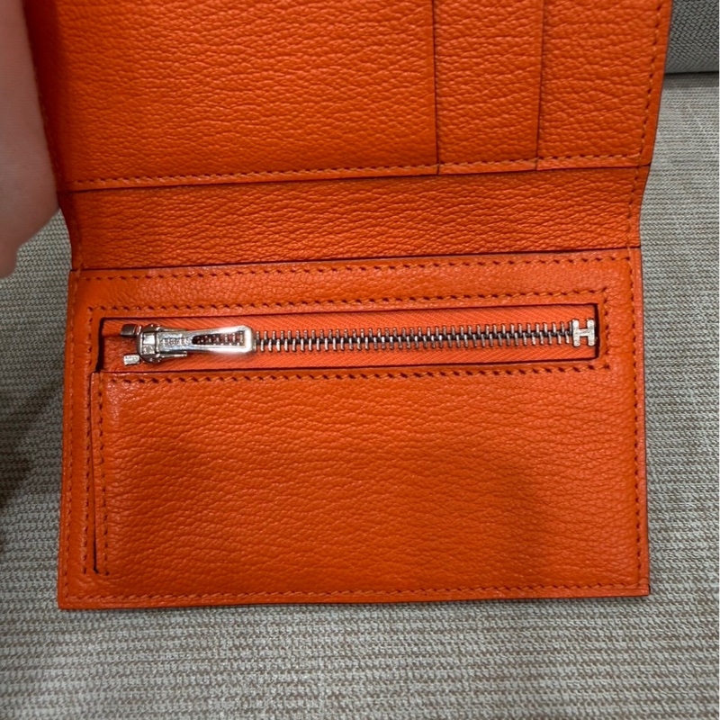 愛馬仕 Hermes Bearn 三折短夾 愛馬仕橙色 W刻銀釦-37