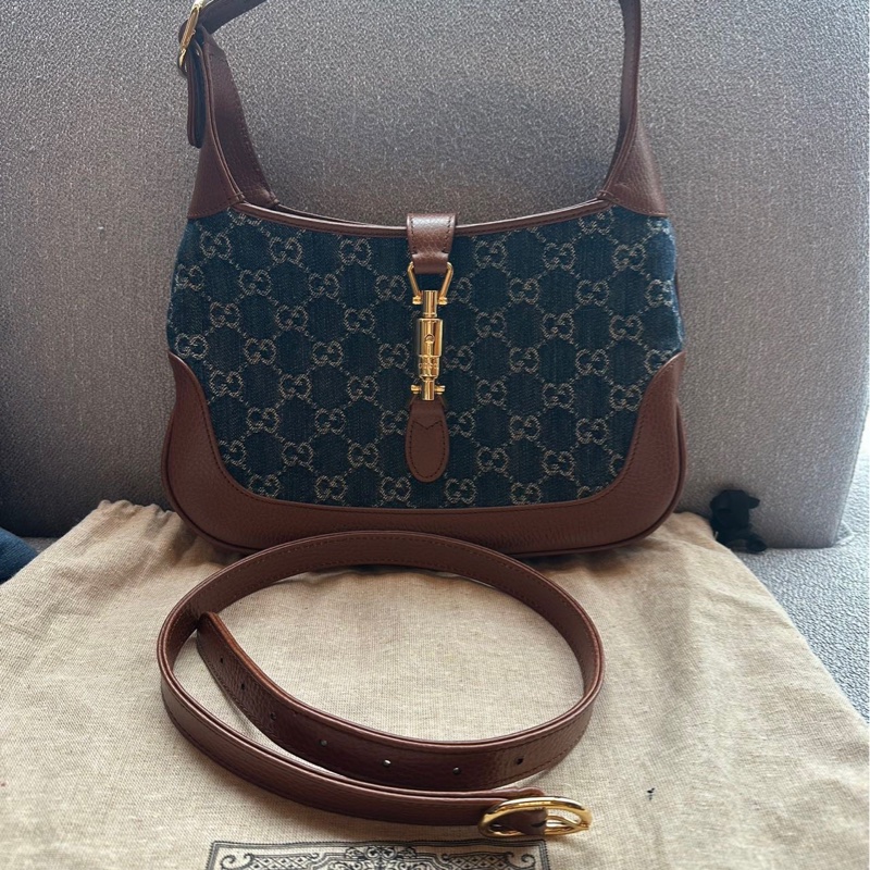 GUCCI 古馳 Jackie 1961 全新金色鎖扣 老花滿印 可拆卸延長肩帶 帆布拼皮革飾邊 帆布包 半月腋下包-0