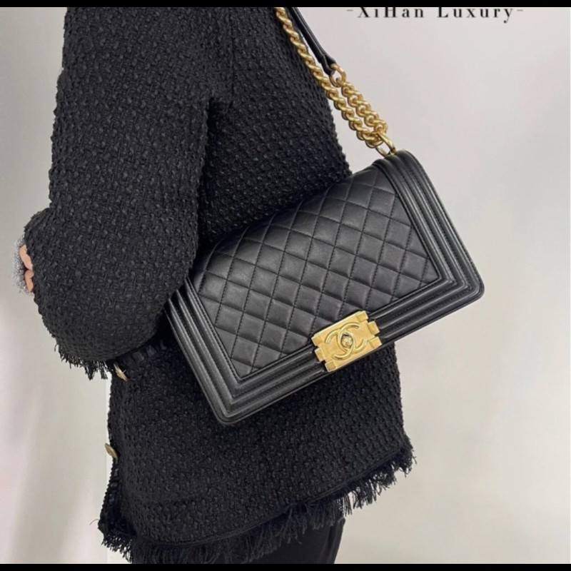 Chanel Boy 25 香奈兒 boy 25 黑色荔枝皮復古金鍊-1