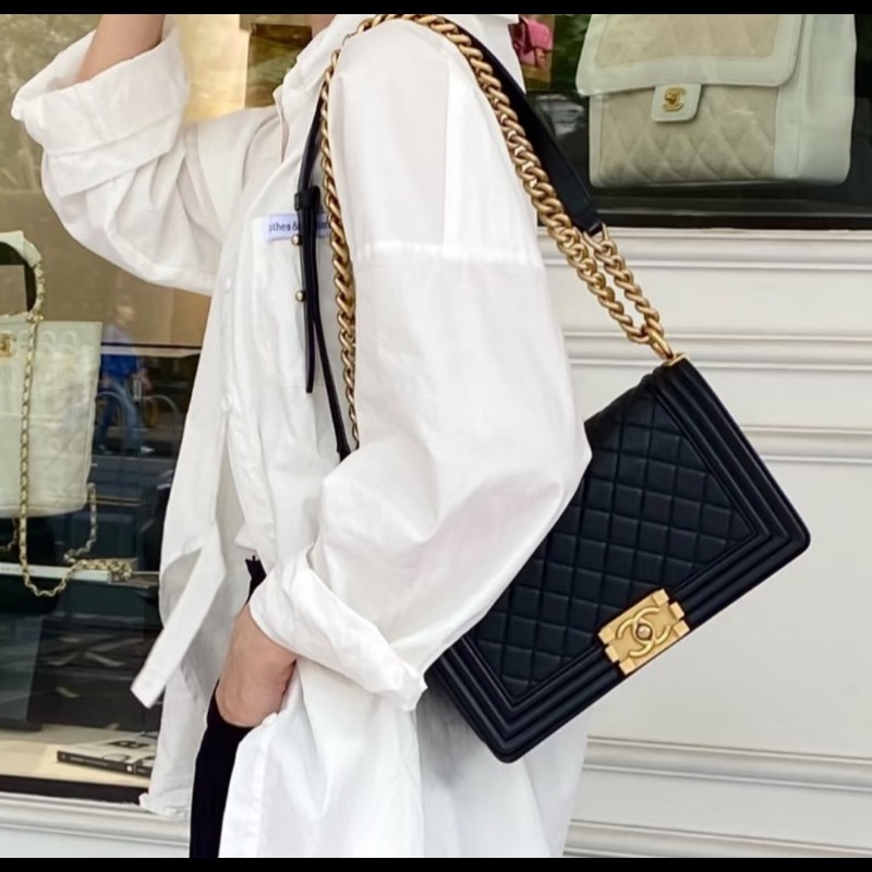 Chanel Boy 25 香奈兒 boy 25 黑色荔枝皮復古金鍊-2