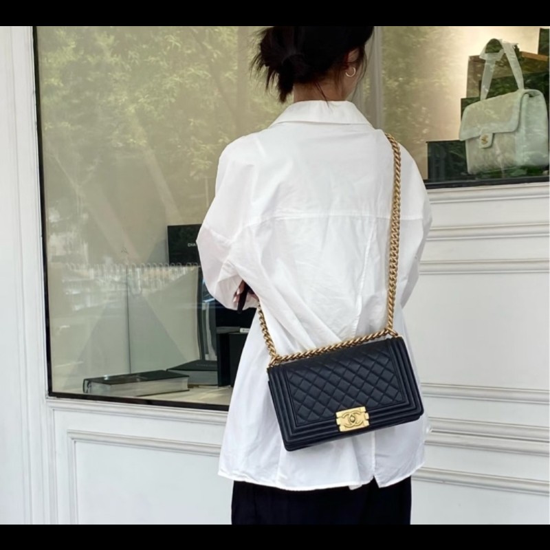 Chanel Boy 25 香奈兒 boy 25 黑色荔枝皮復古金鍊-3