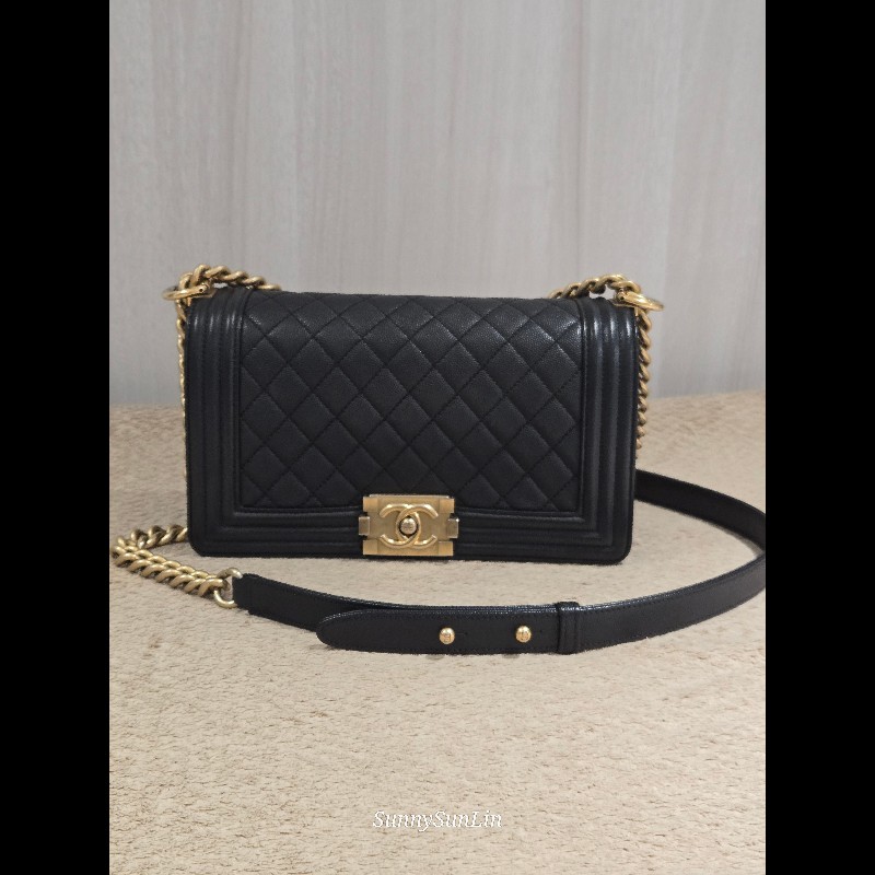 Chanel Boy 25 香奈兒 boy 25 黑色荔枝皮復古金鍊-5