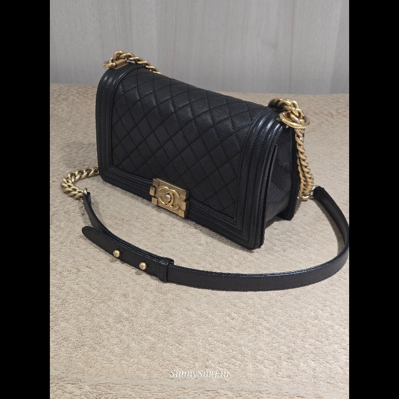 Chanel Boy 25 香奈兒 boy 25 黑色荔枝皮復古金鍊-6