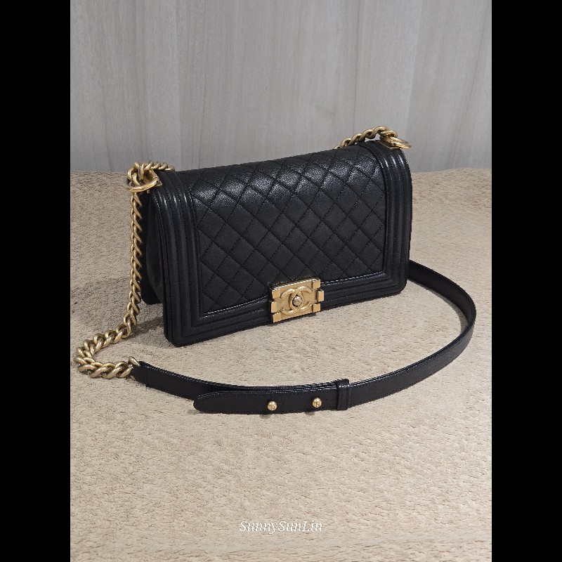 Chanel Boy 25 香奈兒 boy 25 黑色荔枝皮復古金鍊-7