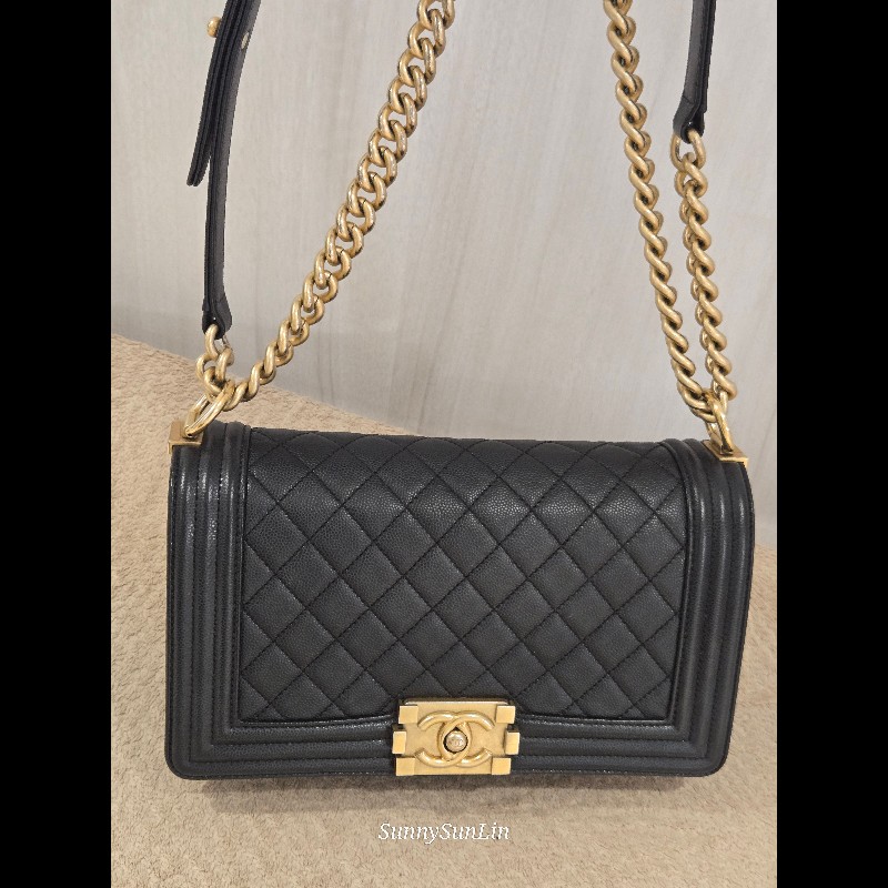Chanel Boy 25 香奈兒 boy 25 黑色荔枝皮復古金鍊-12