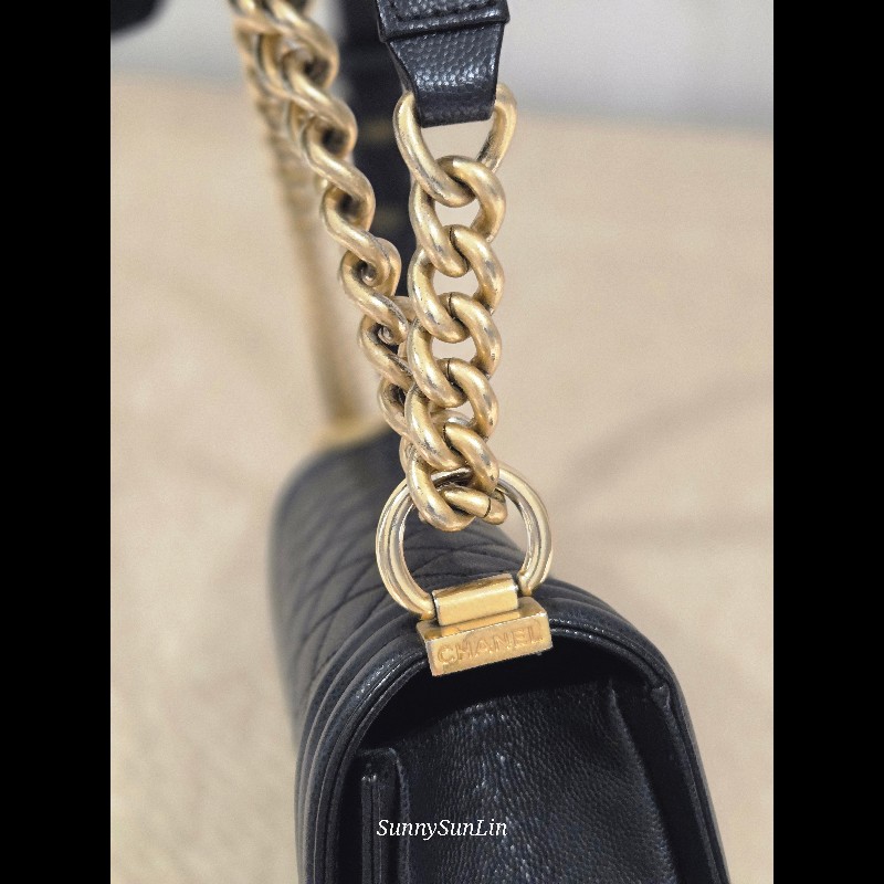 Chanel Boy 25 香奈兒 boy 25 黑色荔枝皮復古金鍊-35