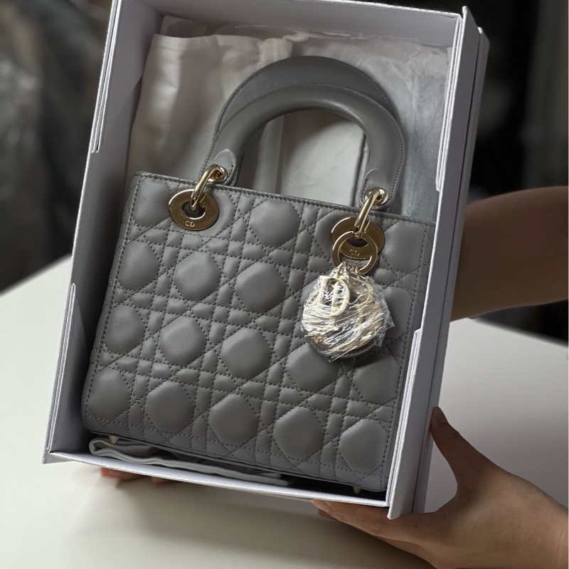 DIOR迪奧 Lady 羊皮藤格紋 四格戴妃包單肩手提斜挎包 女款 灰色-0