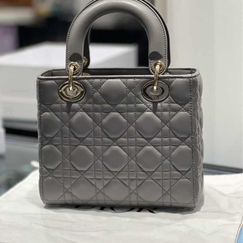 DIOR迪奧 Lady 羊皮藤格紋 四格戴妃包單肩手提斜挎包 女款 灰色-3