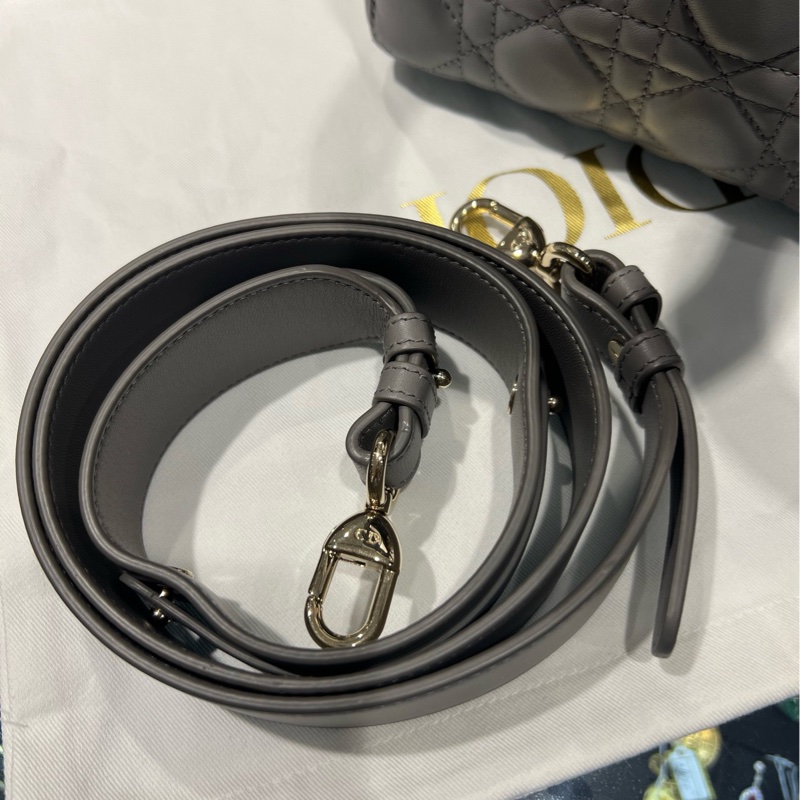 DIOR迪奧 Lady 羊皮藤格紋 四格戴妃包單肩手提斜挎包 女款 灰色-6
