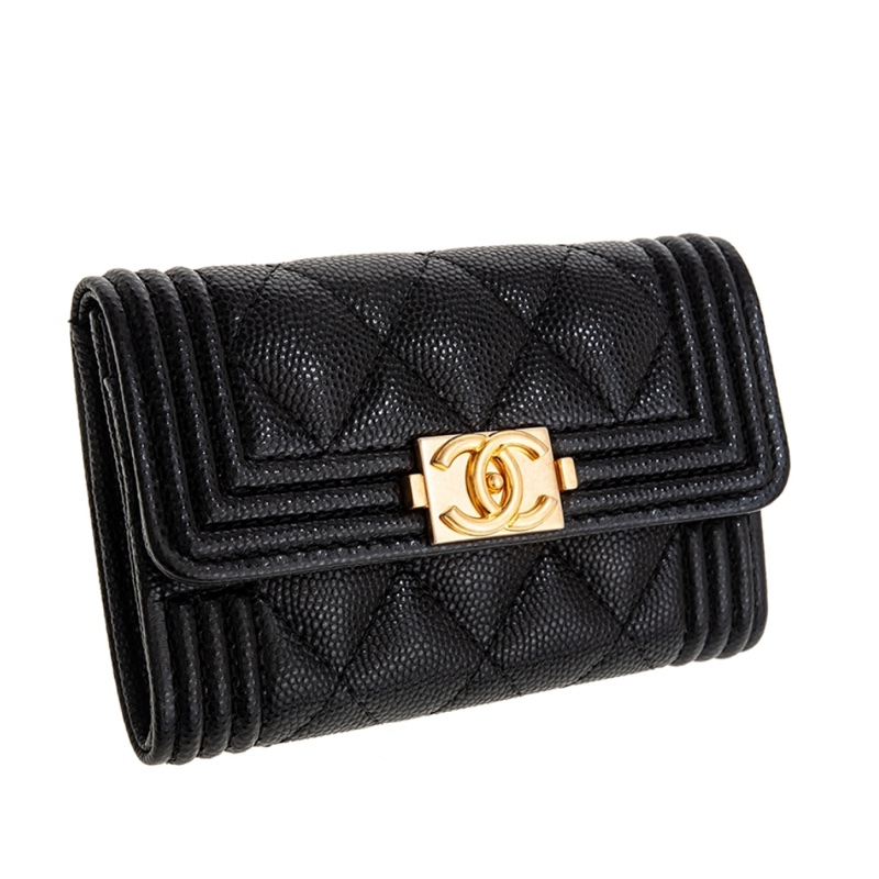 Chanel BOY系列經典LOGO菱格紋荔枝小牛皮暗扣翻蓋單層卡片零錢包｜晶片款｜-3