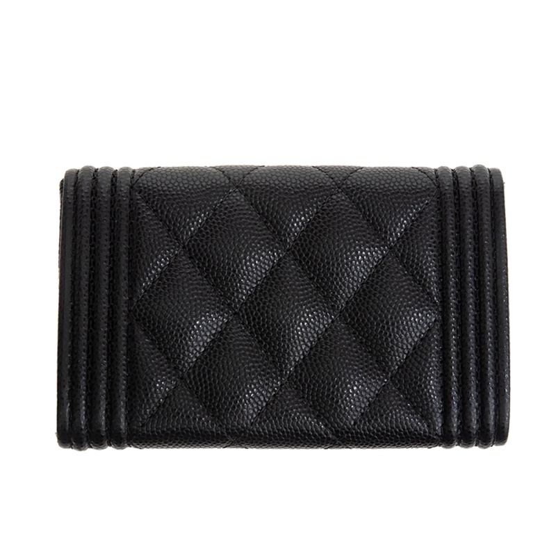 Chanel BOY系列經典LOGO菱格紋荔枝小牛皮暗扣翻蓋單層卡片零錢包｜晶片款｜-4