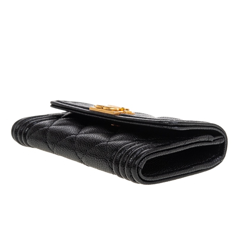 Chanel BOY系列經典LOGO菱格紋荔枝小牛皮暗扣翻蓋單層卡片零錢包｜晶片款｜-5