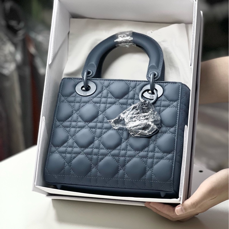 DIOR迪奧 Lady Dior My ABCDior 藤格紋 霧面小牛皮 戴妃包 單肩斜挎手提包 藍色-0