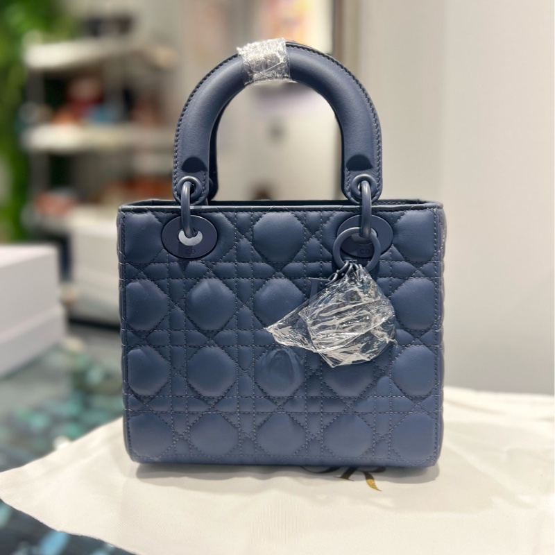 DIOR迪奧 Lady Dior My ABCDior 藤格紋 霧面小牛皮 戴妃包 單肩斜挎手提包 藍色-1