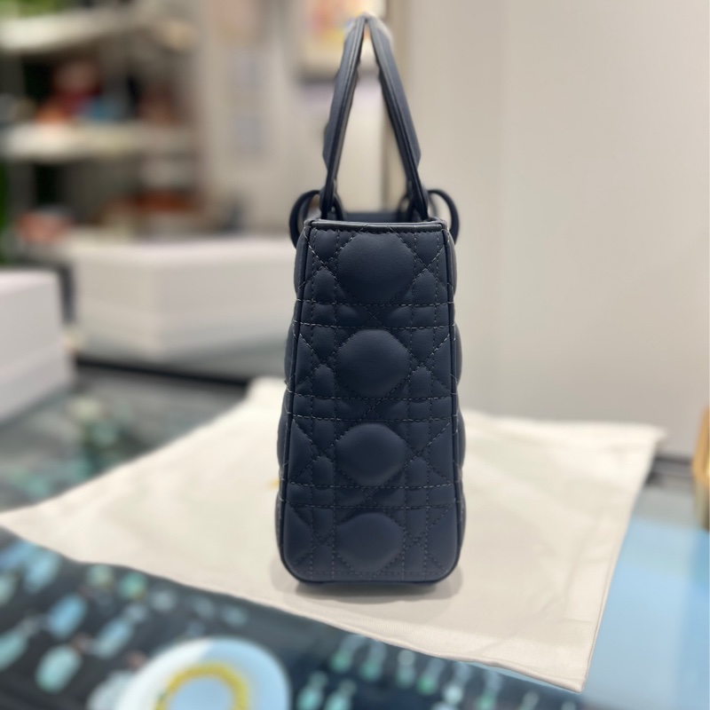 DIOR迪奧 Lady Dior My ABCDior 藤格紋 霧面小牛皮 戴妃包 單肩斜挎手提包 藍色-3