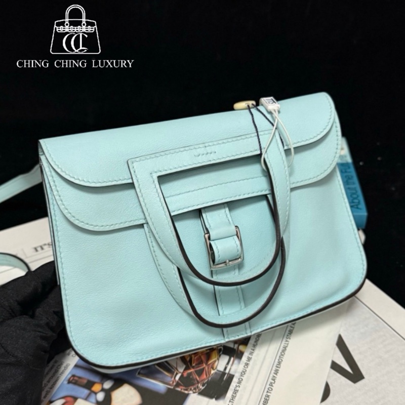🌈Hermes🩵Mini Halzan🩵微風藍銀扣🌈99新🌟Swift皮🌟愛馬仕🌟-0