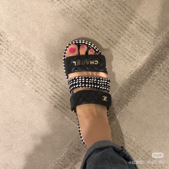 香奈兒 Chanel 厚底魔術粘拖鞋 黑色-1