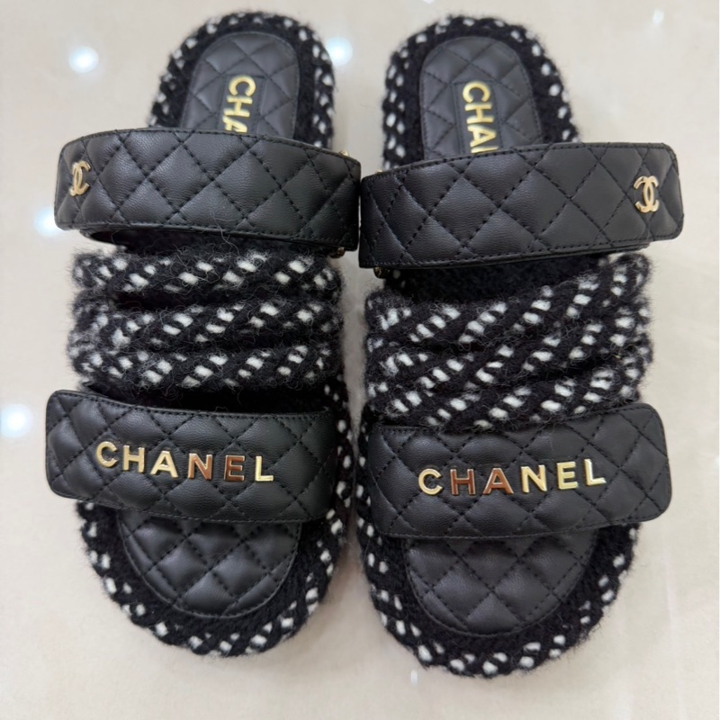 香奈兒 Chanel 厚底魔術粘拖鞋 黑色-2