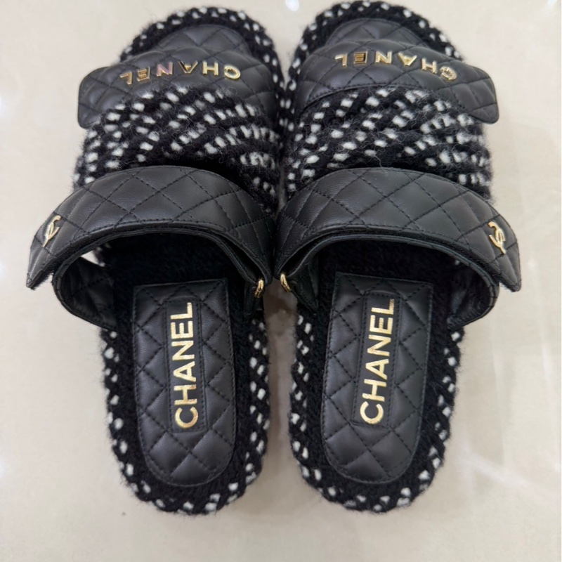 香奈兒 Chanel 厚底魔術粘拖鞋 黑色-3