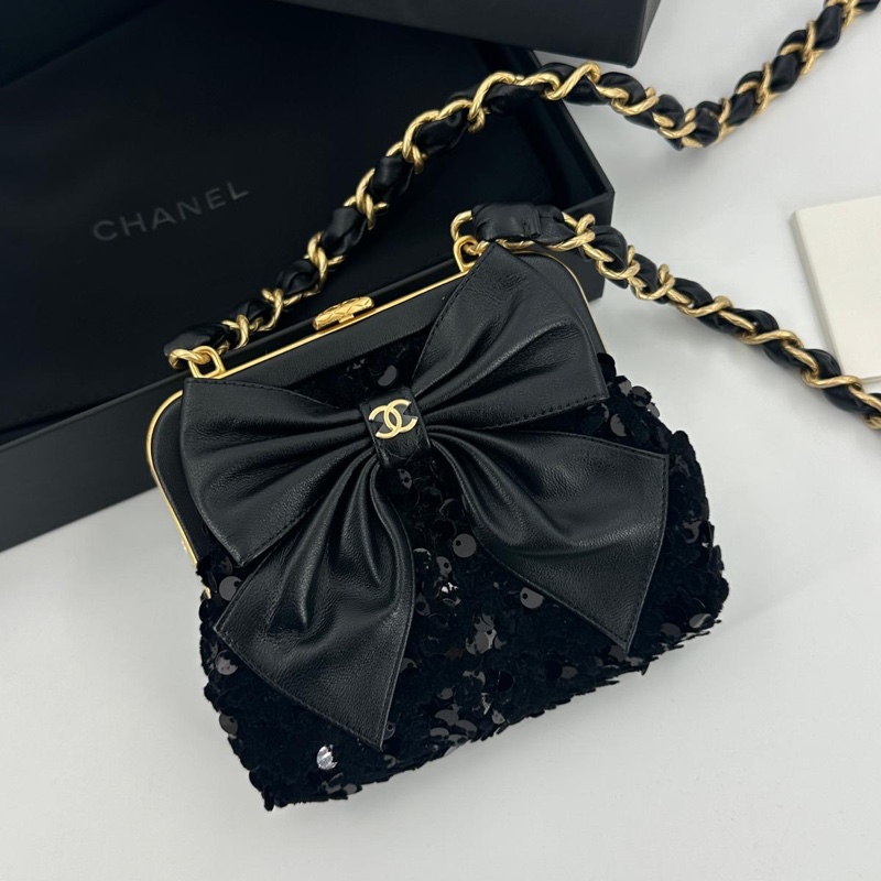 Chanel 24A Sequin Lambskin Tweed Black Bow Mini Clutch Bag-1