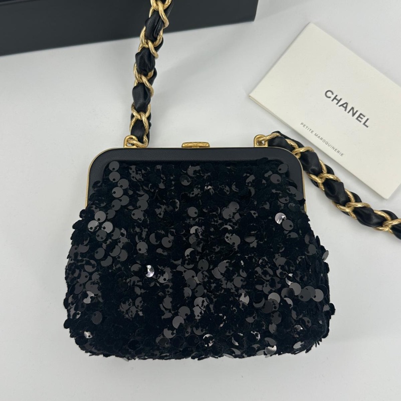 Chanel 24A Sequin Lambskin Tweed Black Bow Mini Clutch Bag-7