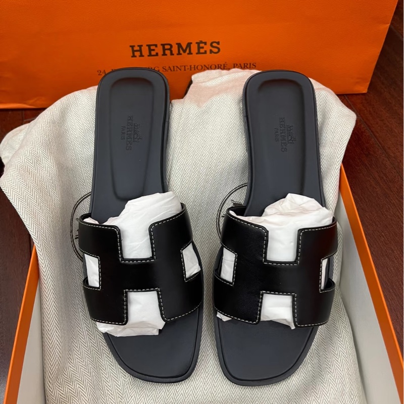 【全新帶盒✨經典保植👍🏻舒服不累腳💃🏻】Hermes 愛馬仕Oran 小牛皮 H拖鞋 黑色 36碼-0
