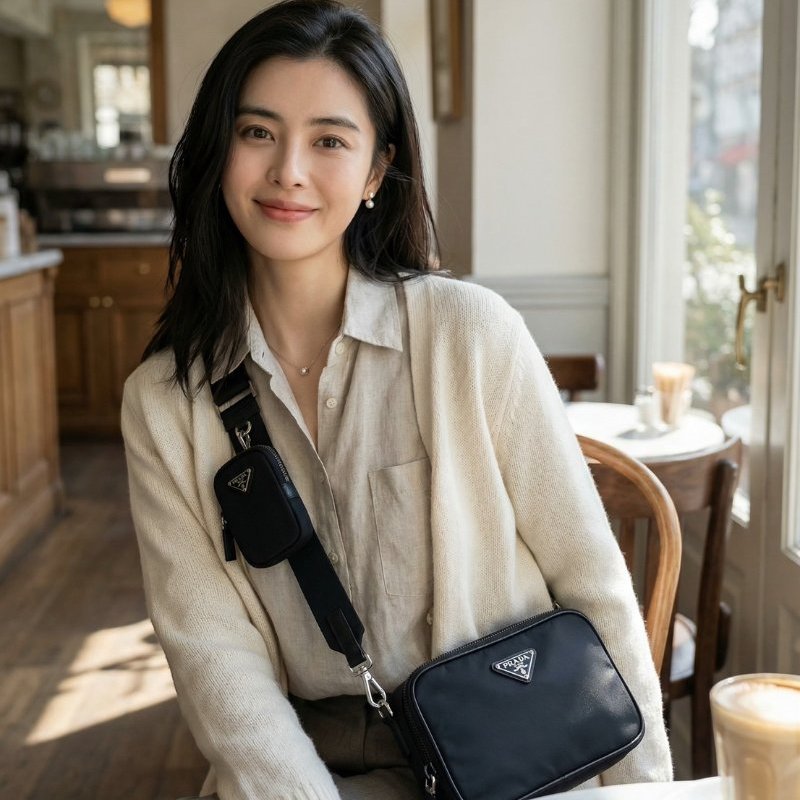 ⏰限時特賣價🌺Prada 2VH070 Saffiano 再生尼龍及 Saffiano Brique 相機包 附吊飾萬用包 黑色-1