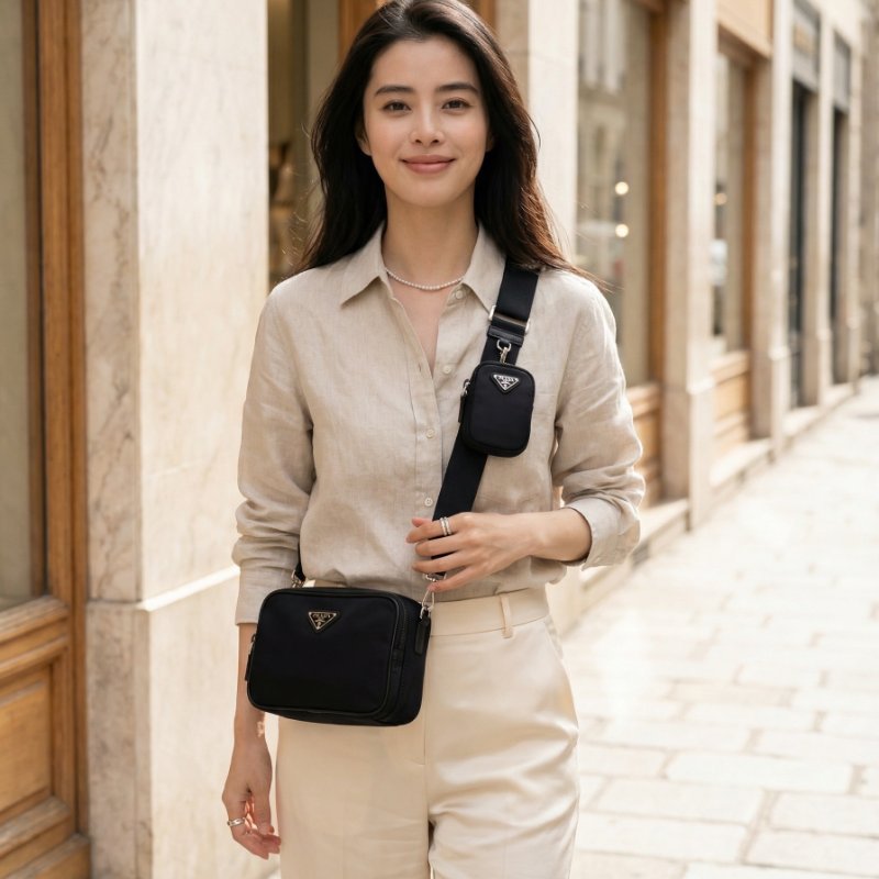 ⏰限時特賣價🌺Prada 2VH070 Saffiano 再生尼龍及 Saffiano Brique 相機包 附吊飾萬用包 黑色-11