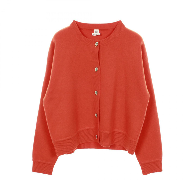 愛馬仕趣味冰淇淋圖案開襟針織衫 4E2723DB 羊絨橙色 二手 #36-0