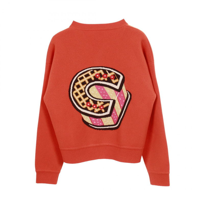 愛馬仕趣味冰淇淋圖案開襟針織衫 4E2723DB 羊絨橙色 二手 #36-1