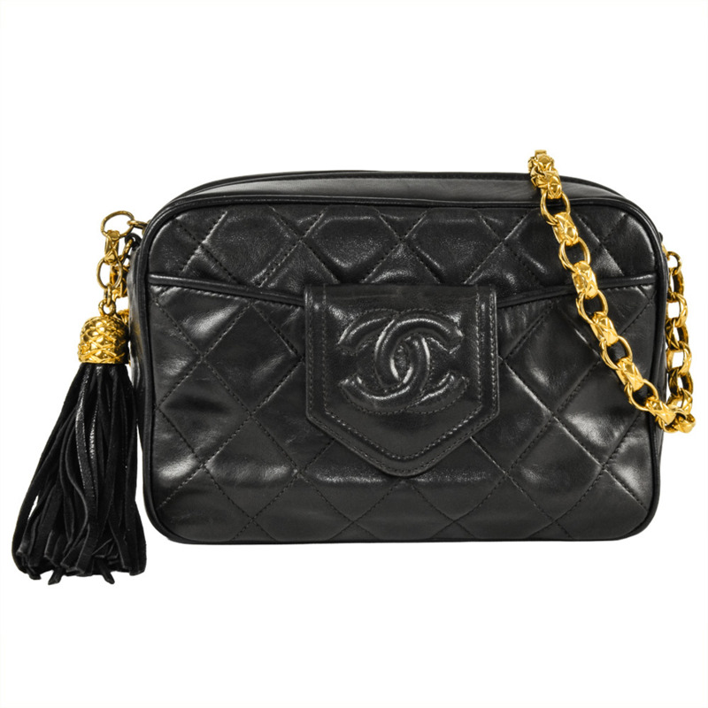 香奈兒 Coco Mark Matelasse 黑色羊皮鑲鑽珠寶鏈肩背包，搭配金色五金配件和流蘇。-0
