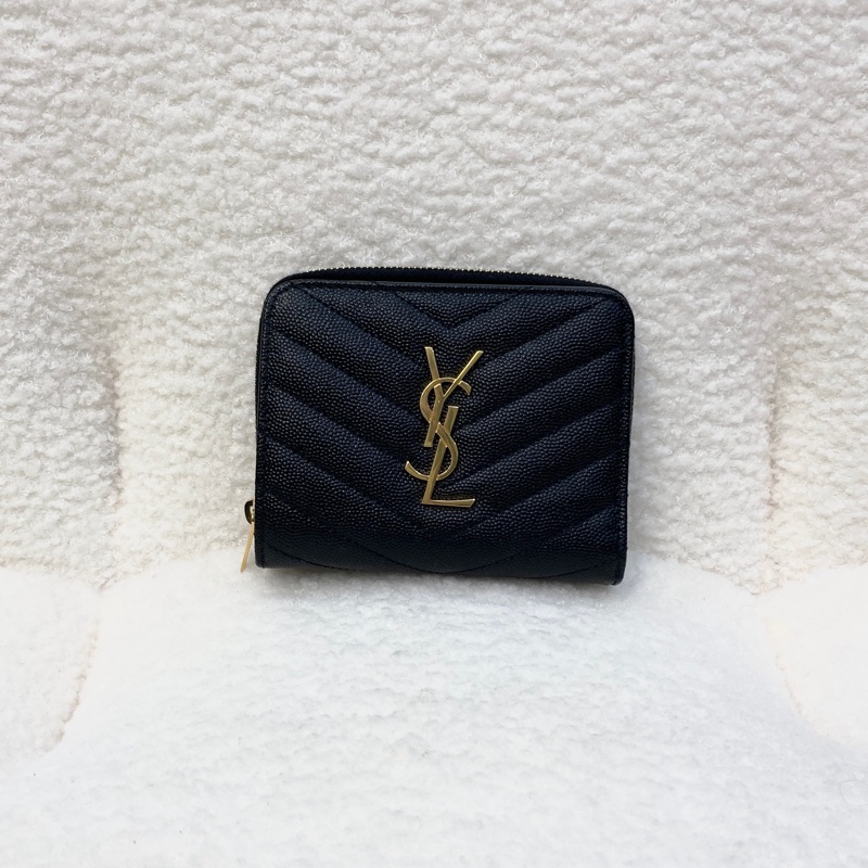 Saint Laurent YSL 黑金V紋短夾 CASSANDRE粒面牛皮 對開拉鍊零錢短夾 668288-1