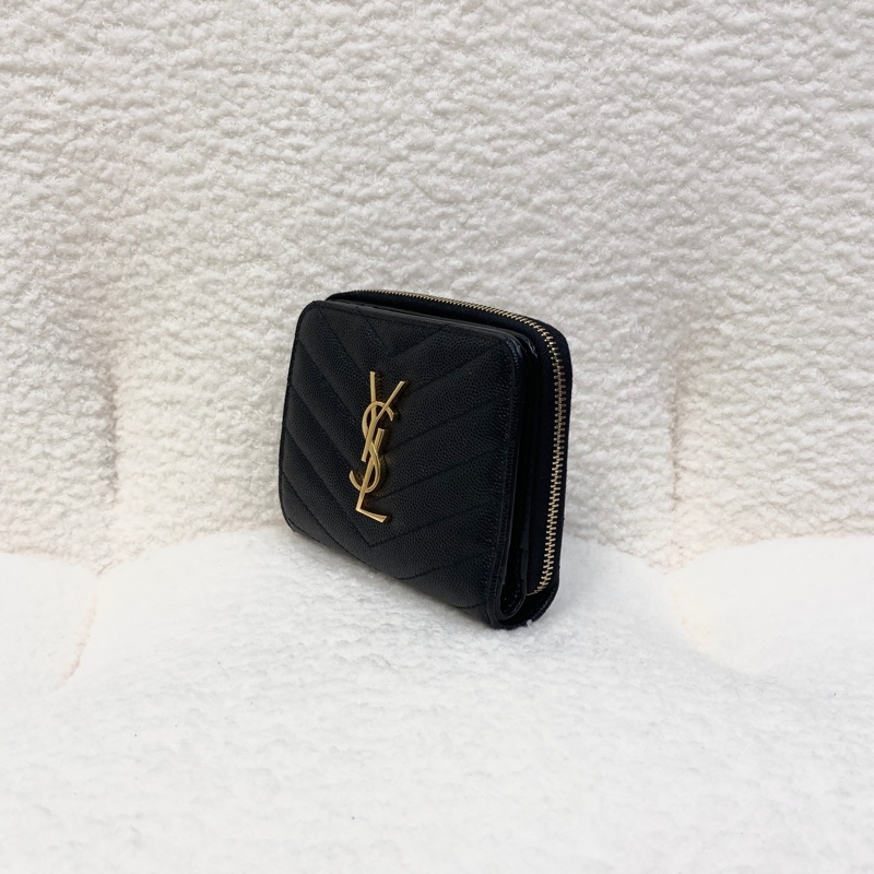 Saint Laurent YSL 黑金V紋短夾 CASSANDRE粒面牛皮 對開拉鍊零錢短夾 668288-2