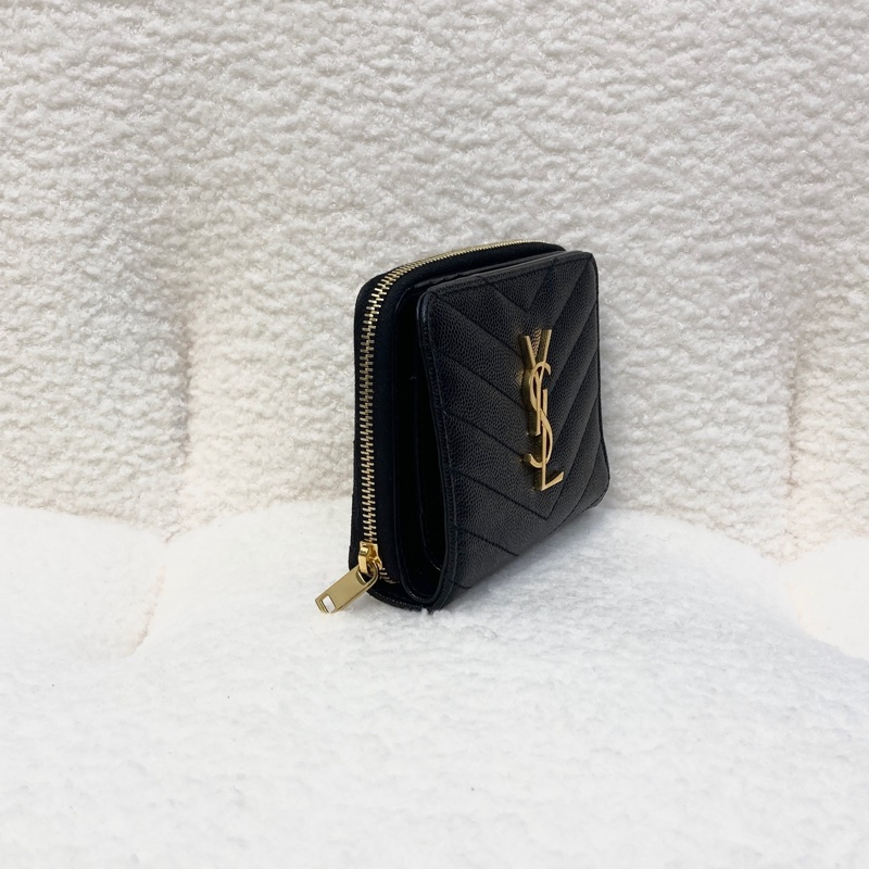 Saint Laurent YSL 黑金V紋短夾 CASSANDRE粒面牛皮 對開拉鍊零錢短夾 668288-3