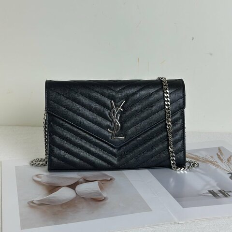 YSL 經典V紋粒面牛皮WOC - 22黑銀