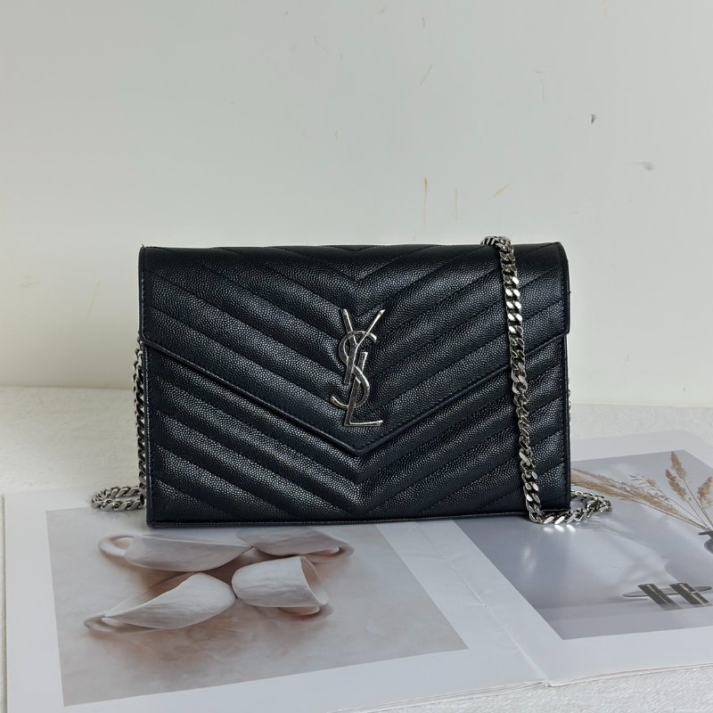 YSL 經典V紋粒面牛皮WOC - 22黑銀-0