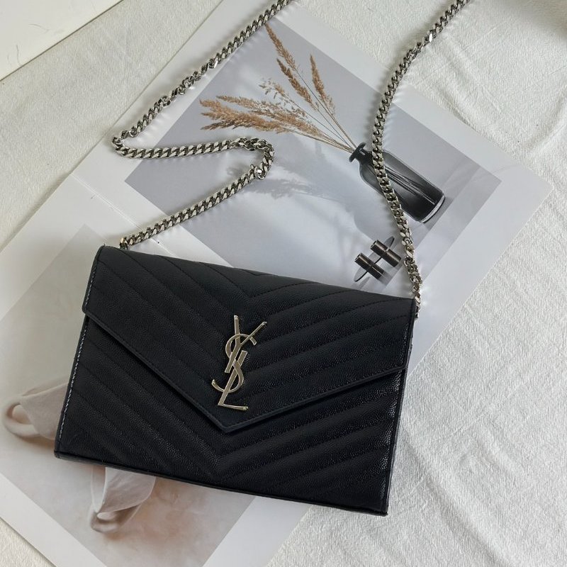 YSL 經典V紋粒面牛皮WOC - 22黑銀-2