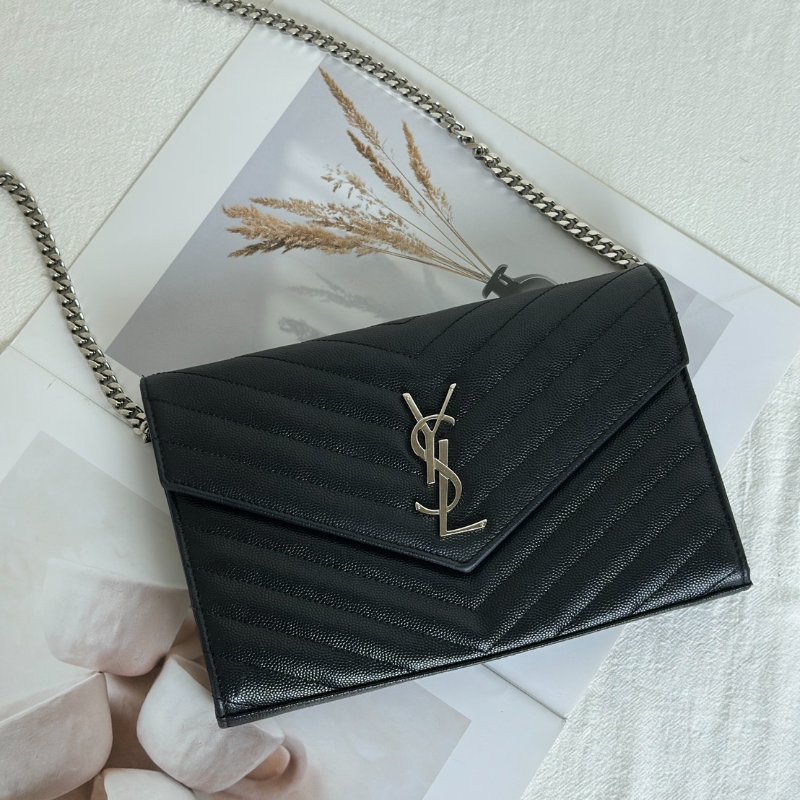 YSL 經典V紋粒面牛皮WOC - 22黑銀-3