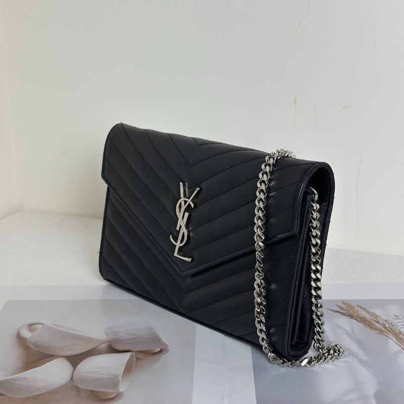 YSL 經典V紋粒面牛皮WOC - 22黑銀-5
