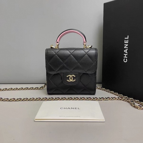 Chanel香奈兒 黑粉拼色全皮菱格mini郵差包 芯片