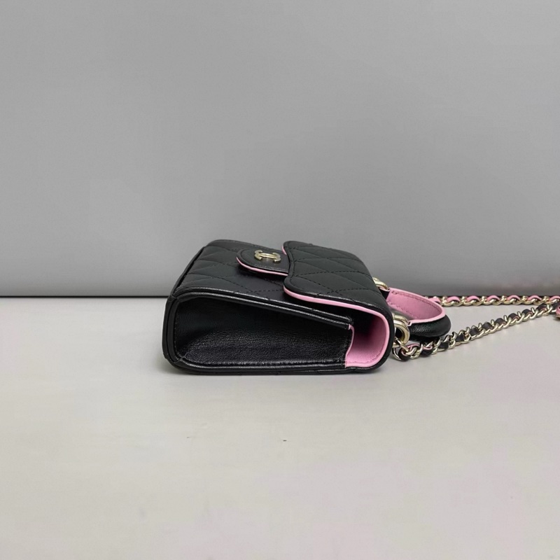 Chanel香奈兒 黑粉拼色全皮菱格mini郵差包 芯片-2