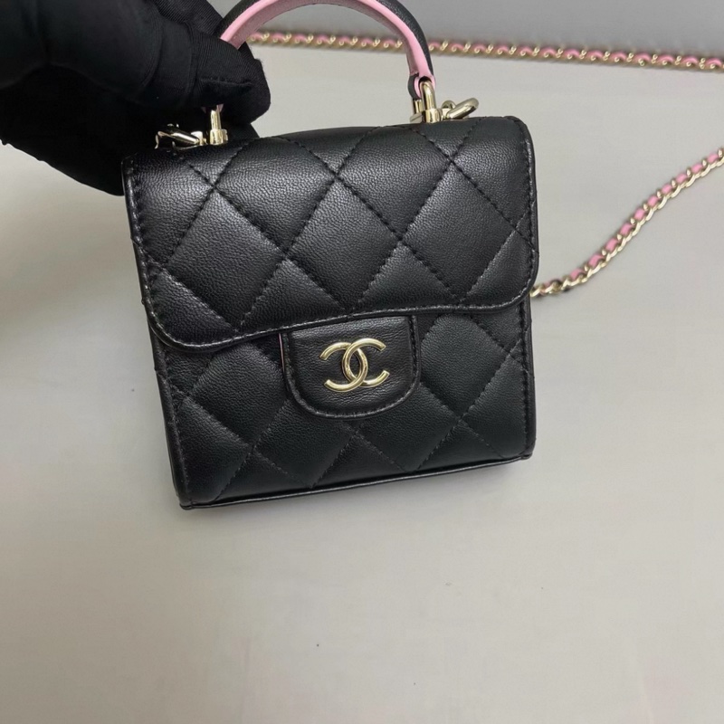 Chanel香奈兒 黑粉拼色全皮菱格mini郵差包 芯片-5